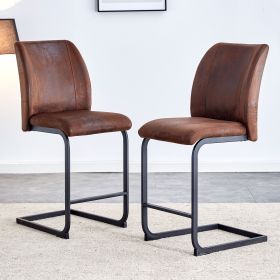 A set of two brown chairs, including suede cushions and black metal legs. Small size, suitable for select groups, suitable for dining room, kitchen