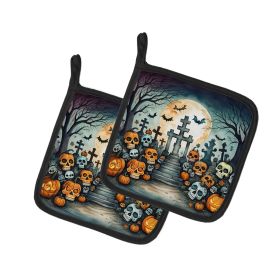 Calaveras Sugar Skulls Spooky Halloween Pair of Pot Holders Kitchen Heat Resistant Pot Holders Sets Oven Hot Pads for Cooking Baking BBQ