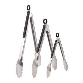 Stainless Steel Kitchen Tongs Set of 3, Locking Metal Food Tongs Non-Slip Grip (Color: BLACK)